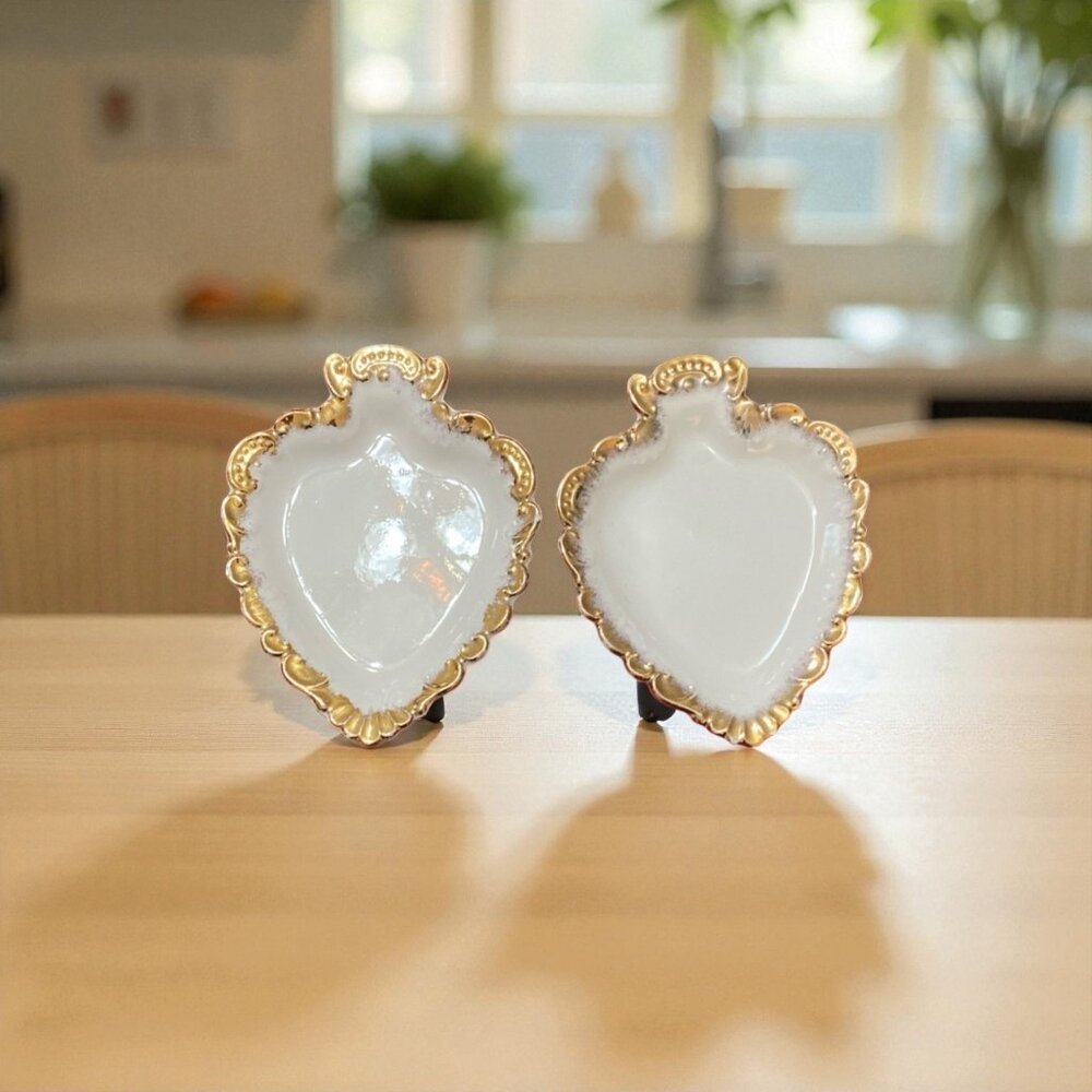Porcelain Gold Leaf Spade Shape Ivory Dish Trinket Set of 2 Gold Trim Antique